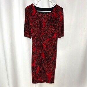 Connected Apparel Red/Black Floral Ruched Sheath Dress Scoop Neck 3/4 Sz 8